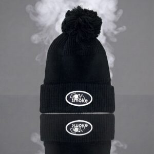 Women’s Pom Beanie Black w/White Stitch